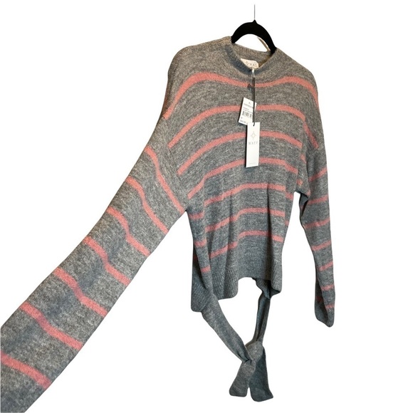 WAYF Where Are You From Mock Neck Tie Waist Sweater Light Grey Pink Stripe M New - Picture 3 of 6